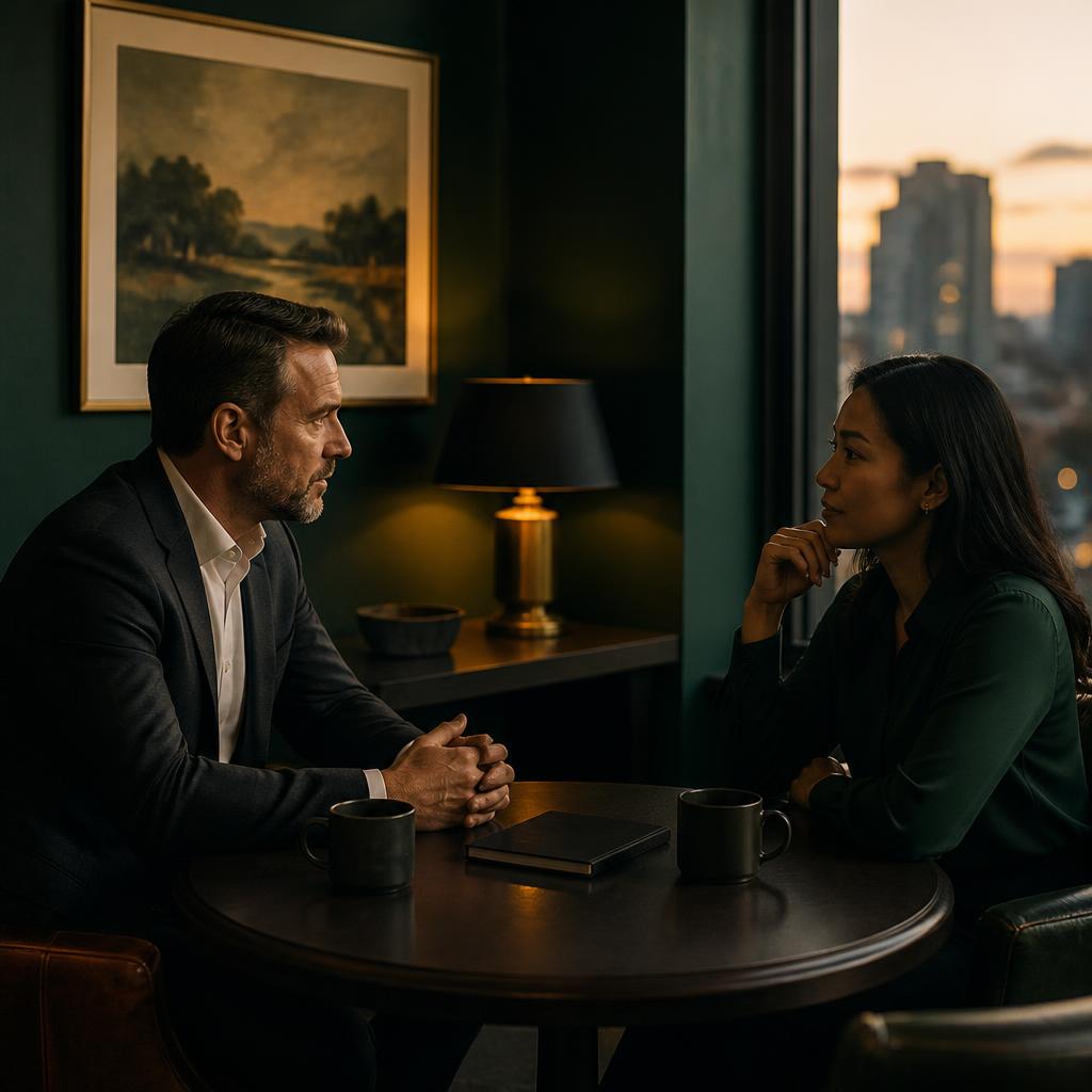 Two executives in a focused one-on-one discovery conversation