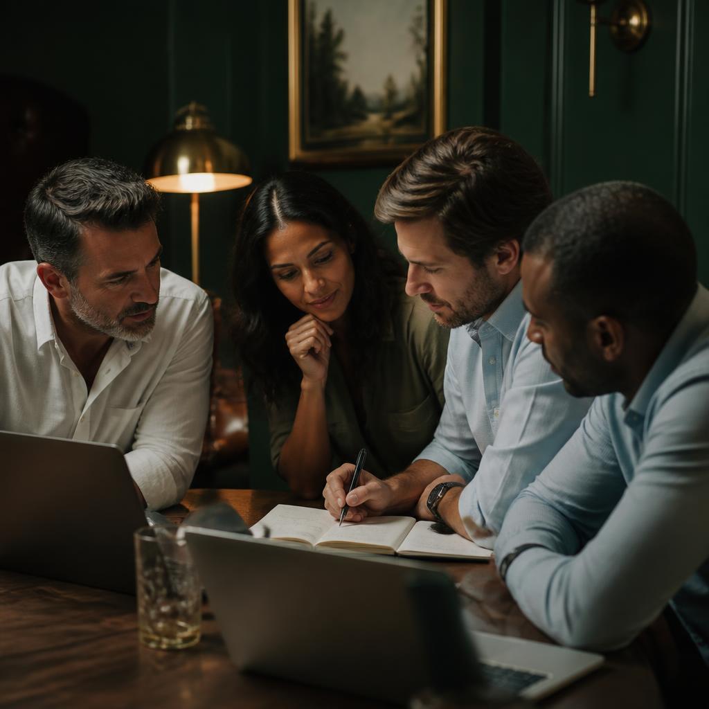 Executives building an AI prototype together around laptops in a working session