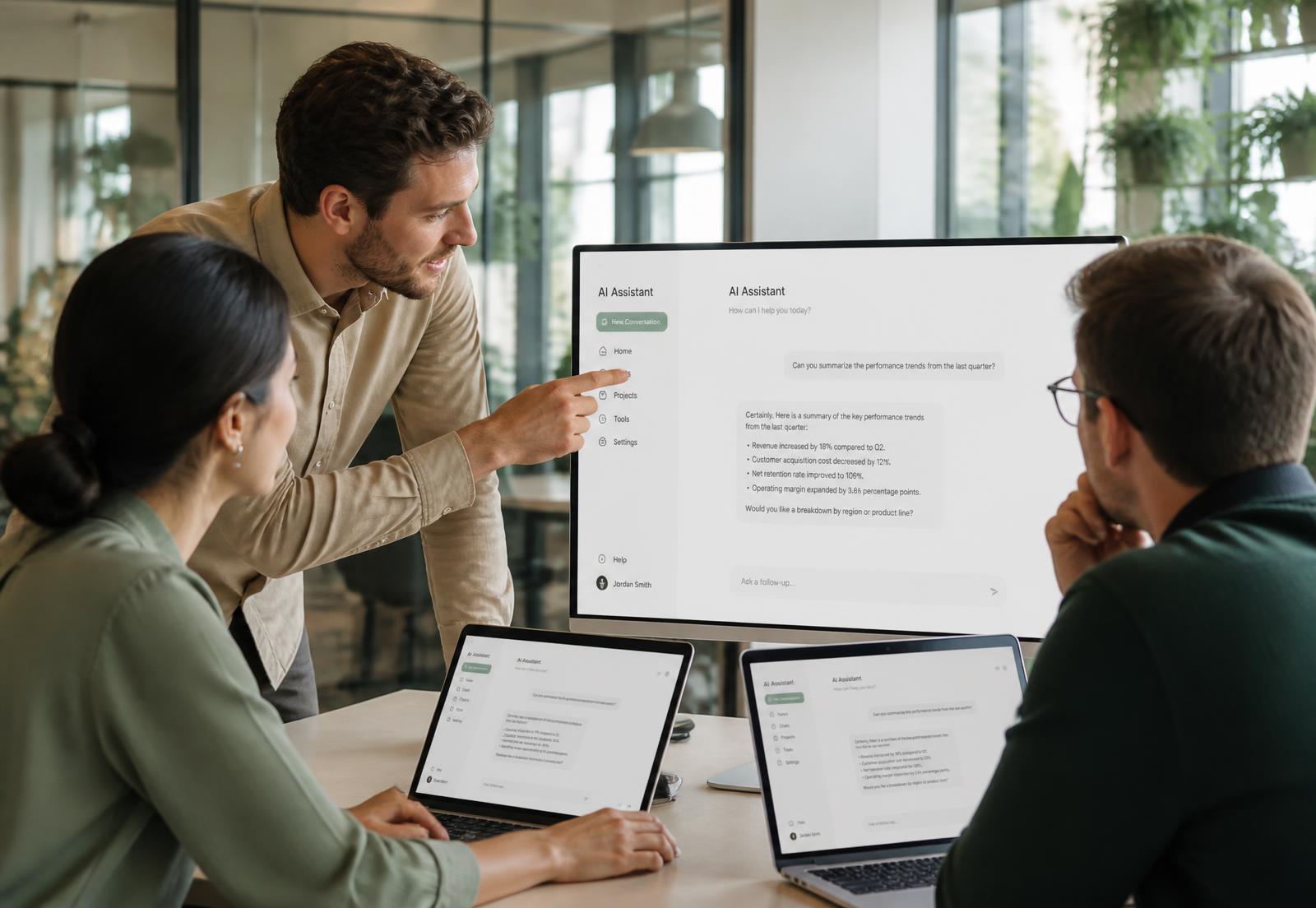 Executives building an AI prototype together around laptops in a working session