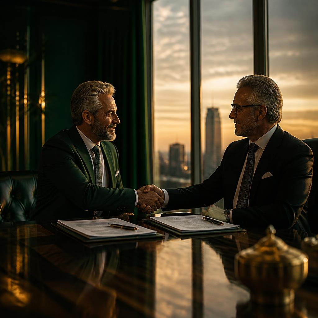 Two executives shaking hands over signed deal documents at dusk