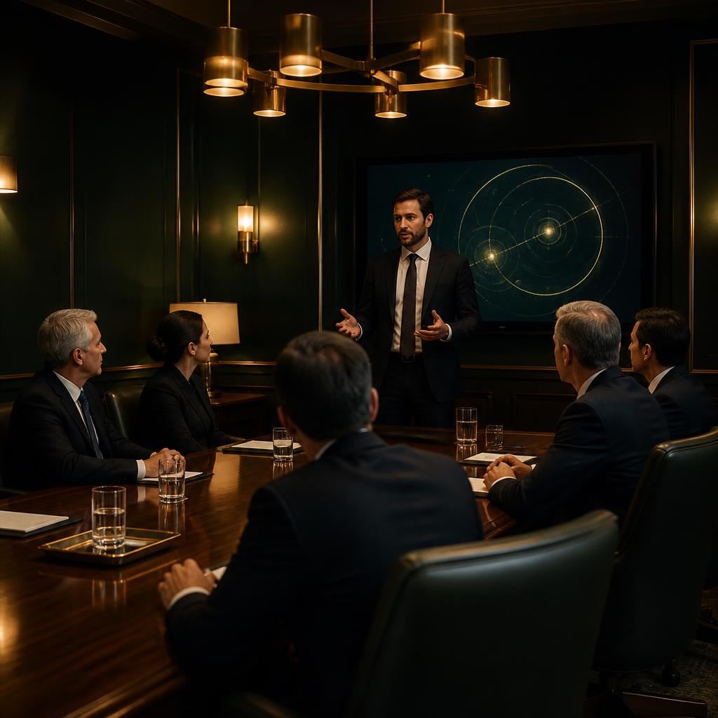 A presenter leading a working session with senior executives in a boardroom